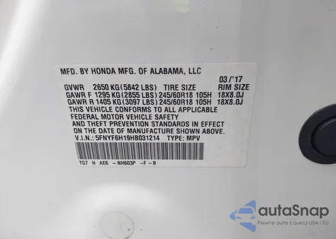 2017 Honda Pilot Lx z USA, uszkodzony, nr VIN 5FNYF6H19HB031214